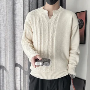 Base Layer Sweater, Men's Warm Knit Pullover, Solid Color, V-neck Style, Half-twisted Design, White.