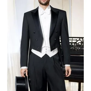 Elegant Men's Double-breasted Peak Lapel Black and White Three-Piece Wedding Jacket, Pants, and Vest Set