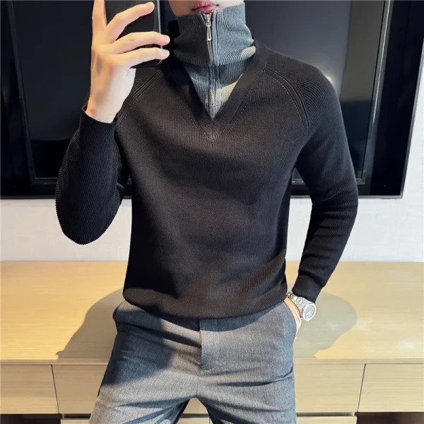 Men's Turtleneck Warm Sweater with Splice Color, Youth Slim-fit Knit Shirt for Fall and Winter, Half Zip-up Sweater. - Image 15