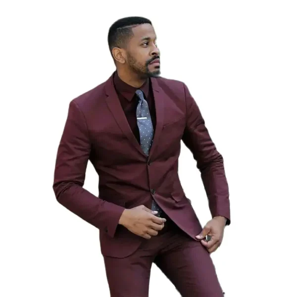 High-quality, single-breasted, notch-lapel, 2025 prom party full set of stylish men's clothing in burgundy slim fits - Image 3