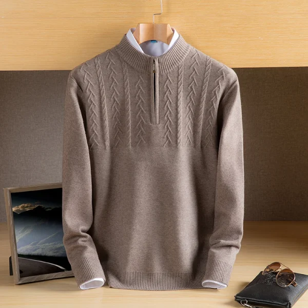 Warm, long-sleeved, solid-colored, half-zip men's pullover sweater with a half-high collar for fall and winter. - Image 18