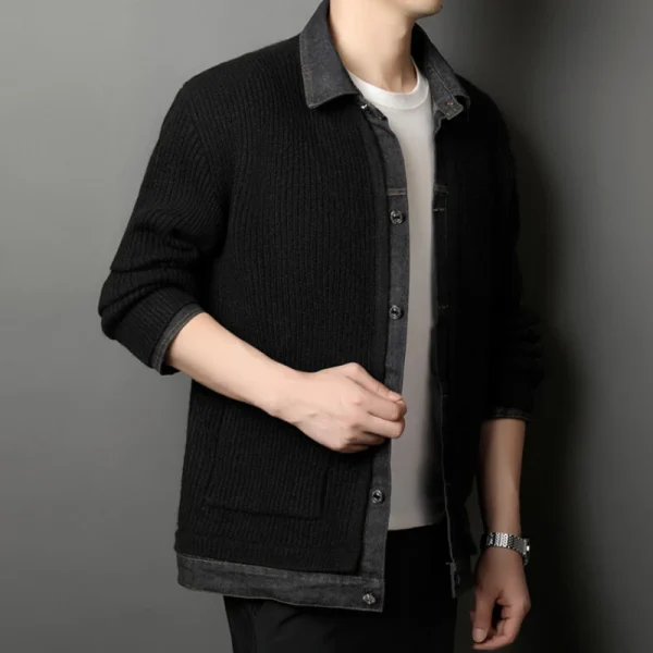 Men's elastic and fashionable knitted jacket with denim collar patchwork for everyday casual wear in the fall. - Image 2