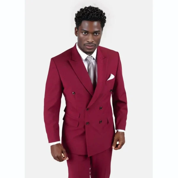 Elegant wedding two-piece jacket pants, double-breasted, flat-front, chic blazer suits in burgundy, men's clothing costumes - Image 3
