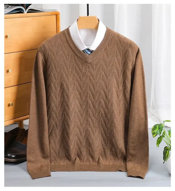 Superior quality V-neck pullover knitted sweater, daily slim-fit base shirt, thickened and warm men's sweater.Shirt with Dark Stripes - Image 10