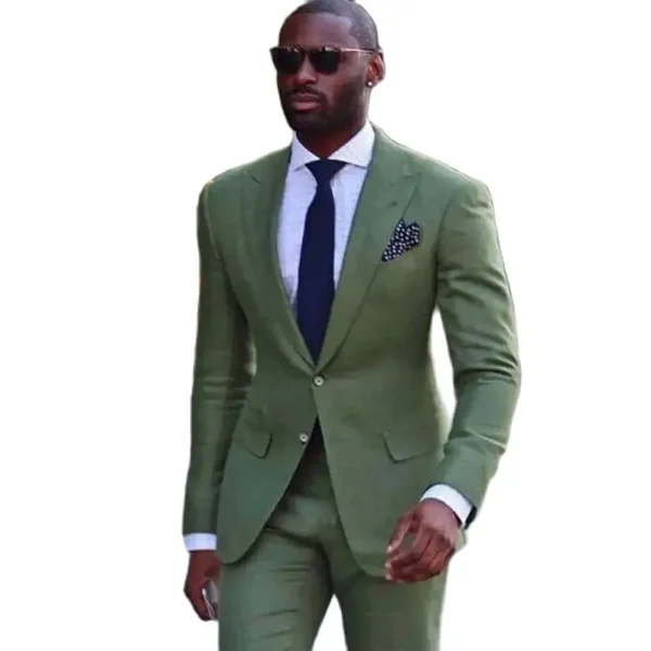 High-end, two-piece jacket pants, single-breasted, peak-lapel, slim-fitting green blazer suits for men's costumes - Image 4