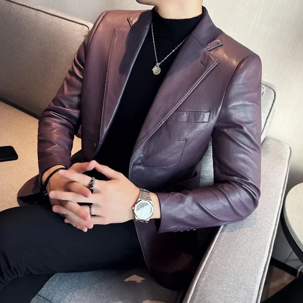 Korean Social Prom Tuxedo 5 Color Premium Men's Casual Leather Jackets Fashion Slim Fit Social Suit Leather Coat - Image 4