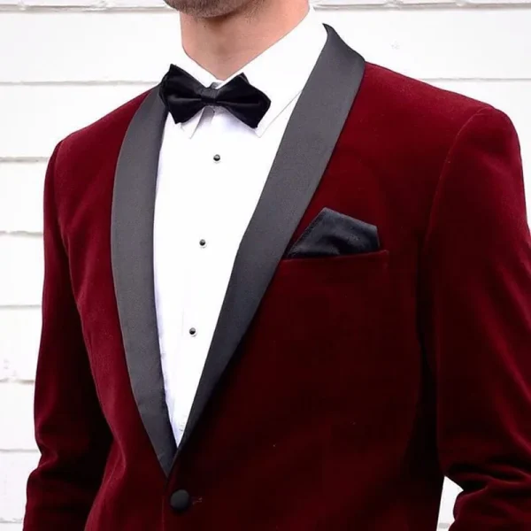 Elegant Men's Single-Breastered Black Shawl Lapel Slim-Fit Blazer Formal Wedding Groom One-Piece Jacket Set in Burgundy Velvet - Image 2