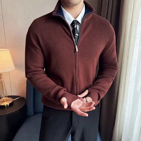 Stretch Solid Color Zipper Cardigan for Fall and Winter, Men's Business Casual Sweater for Everyday Wear.The Collar Coat Stand-up