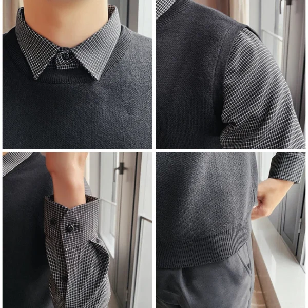 Men's Extra Thick Thermal Sweater Vest with Fleece, Knit Sweater with Woven Shirt Collar, and Plaid Shirt Collar - Image 2