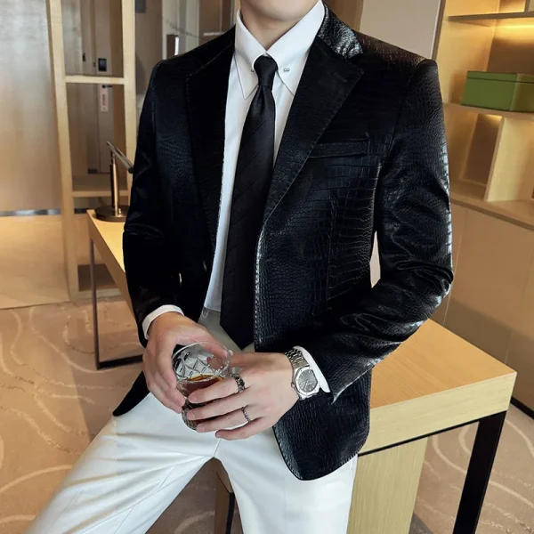 Grid Men's Crocodile Pattern Leather Jacket, Korean Premium Fashion Slim Casual Business Suit Coats, Tuxedos, Men's Apparel - Image 2