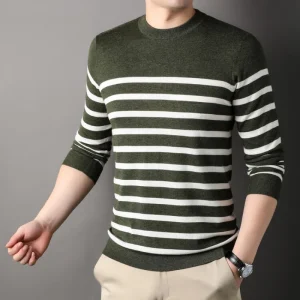 Superior Business Casual Knitted Sweater with Stripes at the O-neck. Youth Cozy Warm Sweater for Autumn.Stretchable