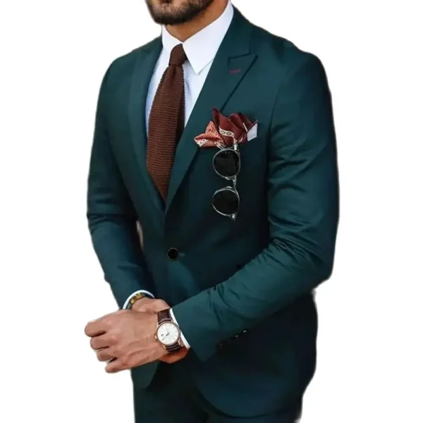 A formal green single-breasted men's suit with a flat front blazer that is regular length Stylish Groom Outfit for the Wedding Two-piece blazer, pants, and jacket - Image 3