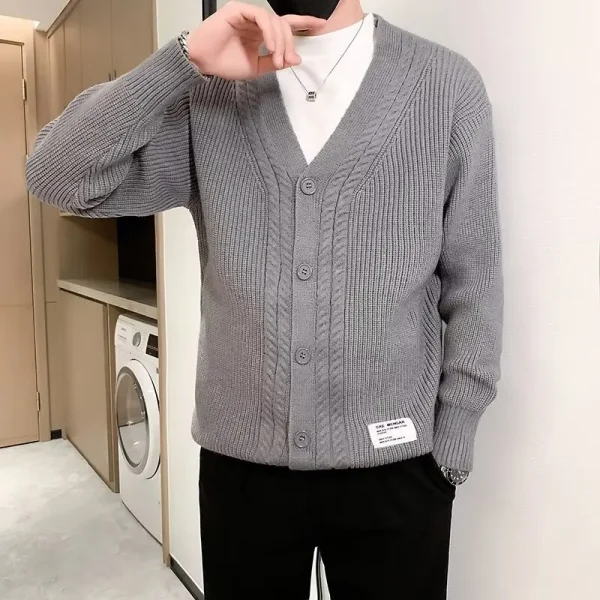 Men's business casual throwback V-neck warm sweater made of premium stretchable cardigan knit for fall and winter. - Image 4