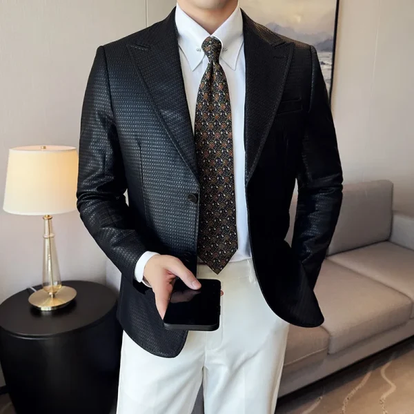 Fashion Business Slim Fit Casual Men's Suit Coats Tuxedos Men's Clothes Waffle Premium Korean Slim Fit Leather Jacket - Image 4
