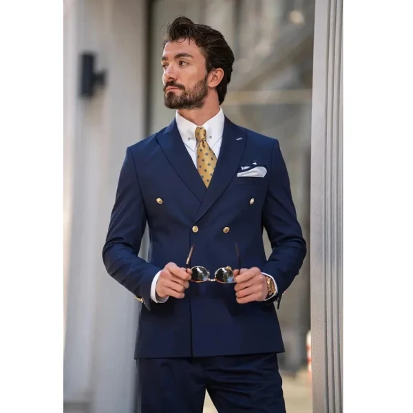 Double-breasted, navy-blue, peak-lapel, regular-length, British-style two-piece jacket and pants outfits for men - Image 2