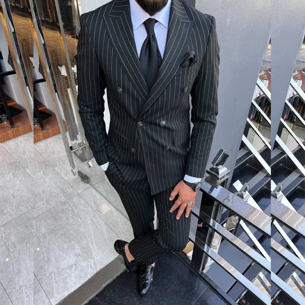 Superior Black Striped Men's Suits with Peak Lapel Double Breasted Men's Apparel for Prom, Prom, and Wedding Two-Piece Jackets and Trousers - Image 2