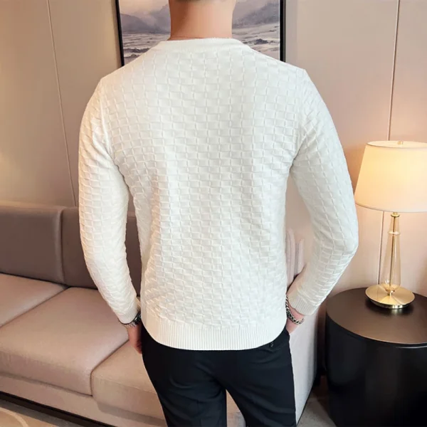 Warm and Stretchy Men's O-Neck Sweater with Jacquard Plaid Pullover Knit, Daily Slim Fit Base Shirt - Image 3