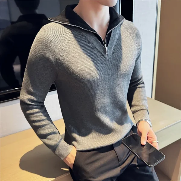 Men's Turtleneck Warm Sweater with Splice Color, Youth Slim-fit Knit Shirt for Fall and Winter, Half Zip-up Sweater. - Image 23
