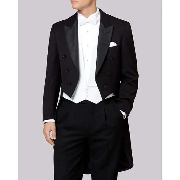 Elegant Men's Double-breasted Peak Lapel Black and White Three-Piece Wedding Jacket, Pants, and Vest Set - Image 3