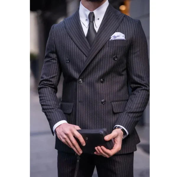 Men's Chic Business Samrt Casual Two-Piece Jacket, Slim Fit Blazer, Black Striped Double Breasted Peak Lapel Falt Front - Image 3