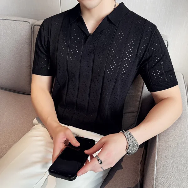 Men's Short-Sleeved Sweater Suit Collar Knitted Polo Shirt, Stylish and Chic Slim Bottoming Shirt for Spring and Summer - Image 3