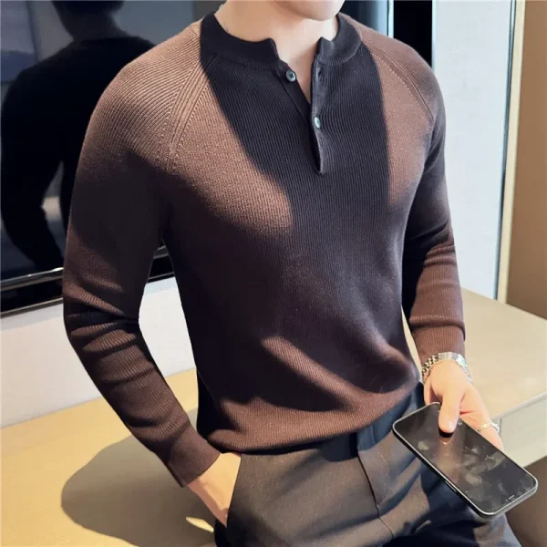 Fashion Thickened Knitting Top, Dark Coffee Color T-Shirt, High Sense Men's Autumn and Winter Henry Collar Sweater - Image 2