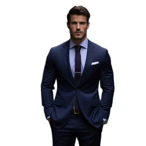 Superior Navy Blue Men's Flat Front Notch Lapel Single Breasted Sleeveless Two-Piece Jacket and Pants for a Stylish Wedding Outfit