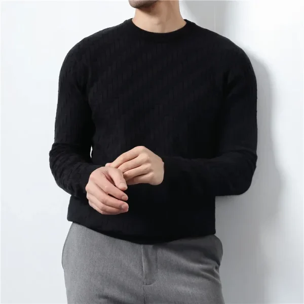 Men's Pullover Slim Fit Warm Base Sweater in Solid Color Jacquard Knit, Premium Sweater - Image 4