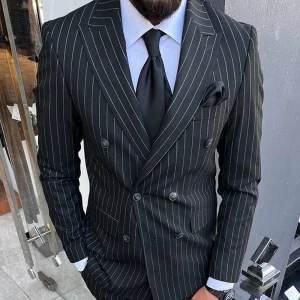 Superior Black Striped Men's Suits with Peak Lapel Double Breasted Men's Apparel for Prom, Prom, and Wedding Two-Piece Jackets and Trousers