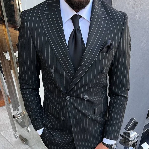 Superior Black Striped Men's Suits with Peak Lapel Double Breasted Men's Apparel for Prom, Prom, and Wedding Two-Piece Jackets and Trousers