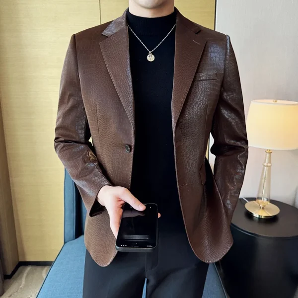 Grid Men's Crocodile Pattern Leather Jacket, Korean Premium Fashion Slim Casual Business Suit Coats, Tuxedos, Men's Apparel - Image 3