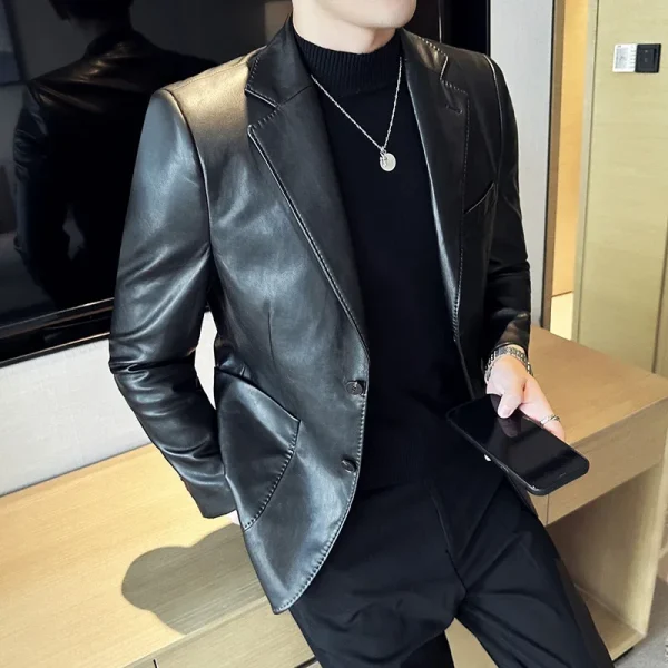 Korean Social Prom Tuxedo 5 Color Premium Men's Casual Leather Jackets Fashion Slim Fit Social Suit Leather Coat - Image 3