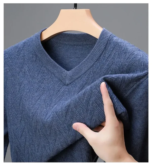 Superior quality V-neck pullover knitted sweater, daily slim-fit base shirt, thickened and warm men's sweater.Shirt with Dark Stripes - Image 12