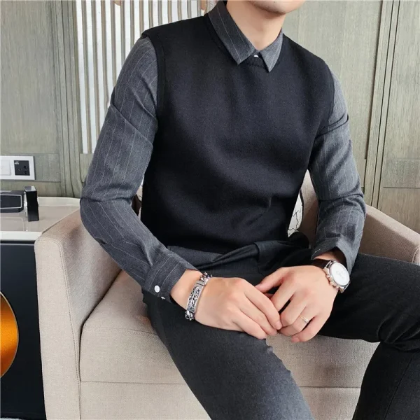 Men’s Fall and Winter Shirt Collar Fake Two-Piece Sweaters, Youth Fashion Knitwear, Business Casual, Shirt Sleeve - Image 3