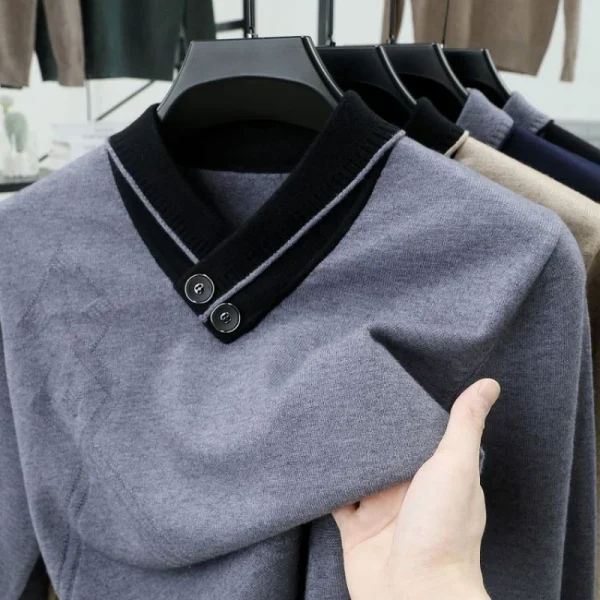 Men's loose-fitting, V-necked, warm stretch long-sleeved sweater for everyday commuting in the fall and winter. - Image 2