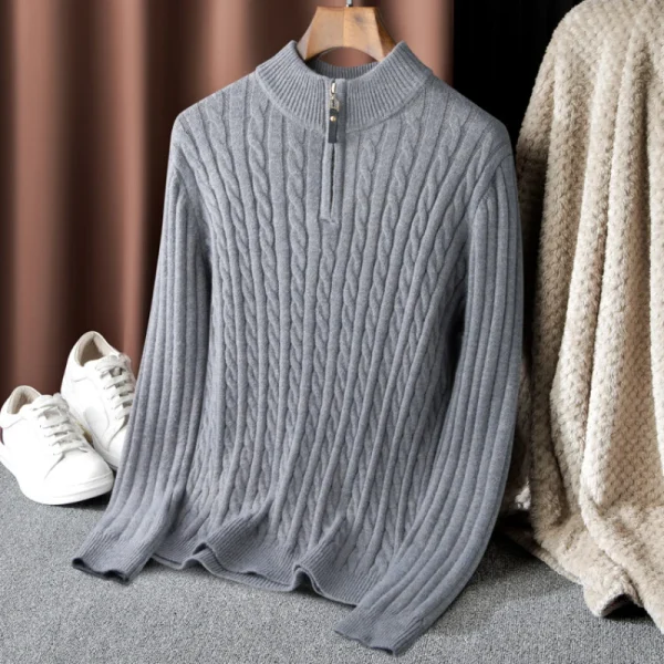 Men's Solid Color Turtleneck Top with Thermal Zipper Pullover Sweater for Fall and Winter by Boutique - Image 4