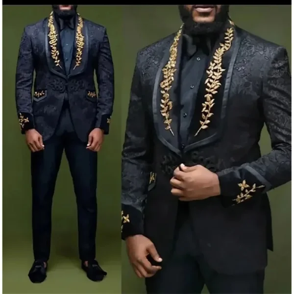 Stylish Men's Formal Black Blazer Suits One-piece luxury male clothing jacket costume made of jacquard fabric with a lapel and a single breast. - Image 2