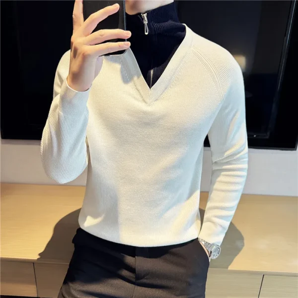 Men's Turtleneck Warm Sweater with Splice Color, Youth Slim-fit Knit Shirt for Fall and Winter, Half Zip-up Sweater. - Image 8