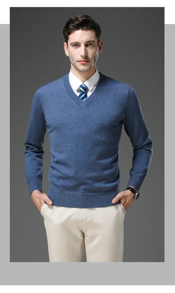 Warm Men's V-neck Solid Color Sweater, New Stretch Top for Autumn and Winter, Pullover Knitwear for Daily Leisure, Business - Image 5