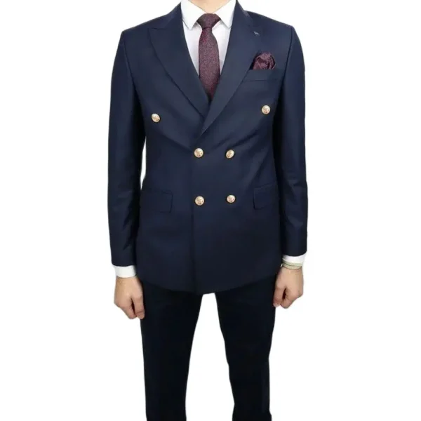 Luxurious Navy Blue Outfit Set for Casual Men's Suits Office Two-Piece Jacket and Pants with Double Breasted Peak Lapel Slim Fit Flat Front Blazer - Image 2