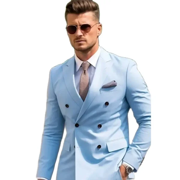 High-end, two-piece, regular-length, flat-front, peak-lapel, double-breasted, stylish men's suits in sky blue, costume homme blazer