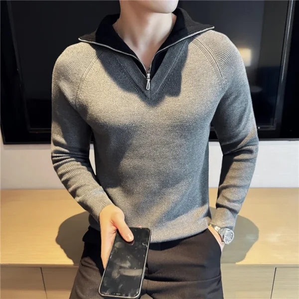 Men's Turtleneck Warm Sweater with Splice Color, Youth Slim-fit Knit Shirt for Fall and Winter, Half Zip-up Sweater. - Image 20