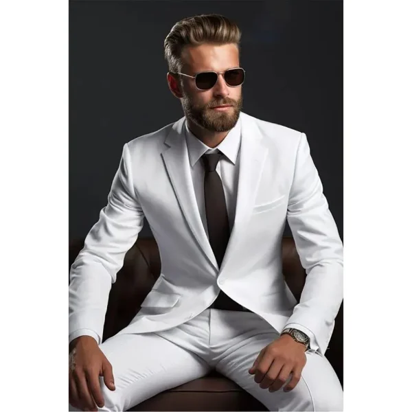 Elegant White Men's Formal Single-Breast, Notch Lapel, Skinny Two-Piece Jacket and Pants Set for Men's Office Wear Blazer - Image 2