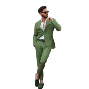 Formal Evening Party Two-Piece Jacket and Pant Set in Stylish Green Men's Single-Brsted Flat Front Peak Lapel Blazer
