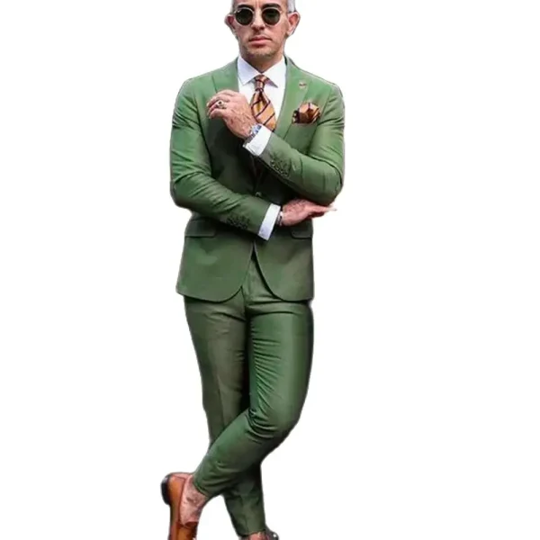 Men's Green Single-breasted, Peak-lapel, Regular Length, Stylish, Two-Piece Jacket and Pants Set for a Luxurious Wedding - Image 3
