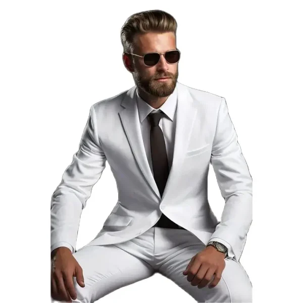 Elegant White Men's Formal Single-Breast, Notch Lapel, Skinny Two-Piece Jacket and Pants Set for Men's Office Wear Blazer - Image 3