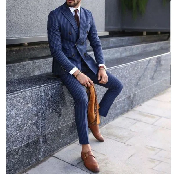 Stylish Men's Suits Double Breasted Peak Lapel Flat Front Blue Stripe Outfits Two-Piece Jacket, Pants, and Blazer for a Formal Business Wedding - Image 3