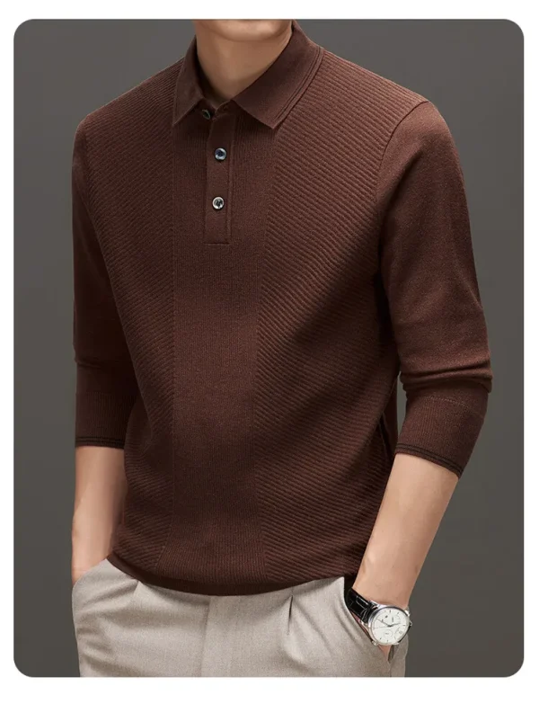 Warm knit long-sleeved cardigan, daily commute pullover sweater, and solid-colored business casual men's polo shirt.