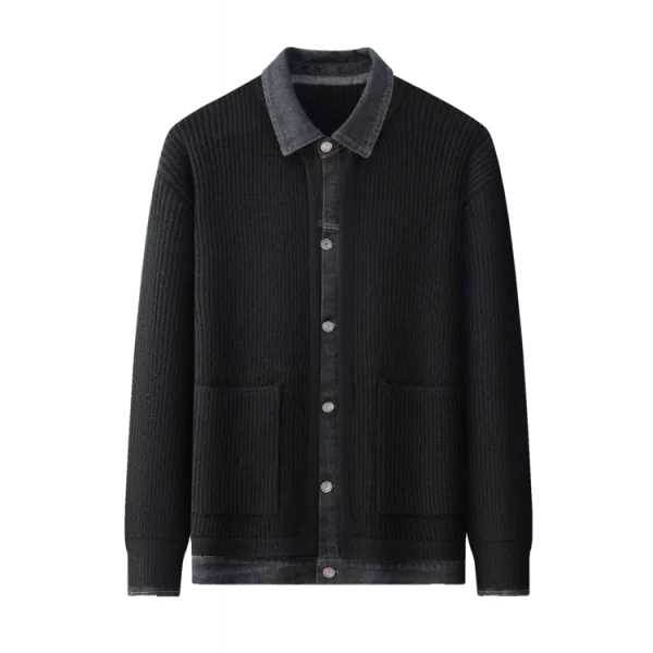 Men's elastic and fashionable knitted jacket with denim collar patchwork for everyday casual wear in the fall. - Image 5