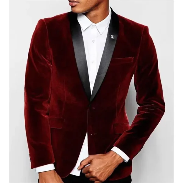 Elegant Men's Single-Breastered Black Shawl Lapel Slim-Fit Blazer Formal Wedding Groom One-Piece Jacket Set in Burgundy Velvet - Image 3